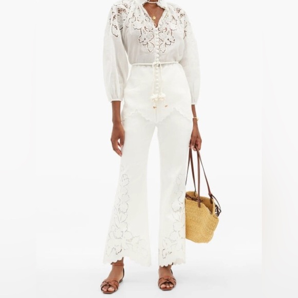 ZIMMERMANN Carnaby Scallop Broderie Anglaise Linen Flared Pants - Picture 10 of 14